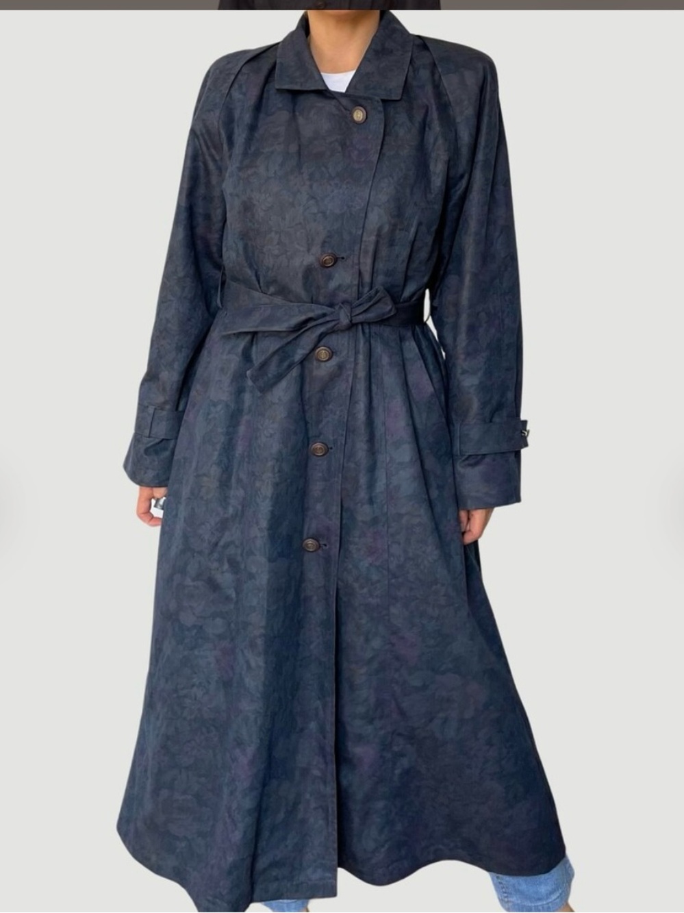 Dark Navy Floral Trench Coat with Waist Tie